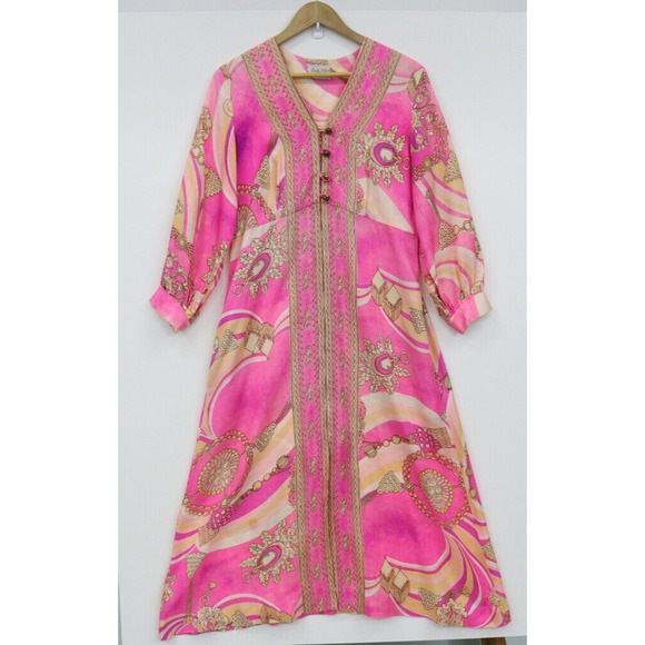 Vintage DELA-ANN Novelty Pink Glam Jewelry Print Lounge Kaftan Dress 1960's M - Picture 14 of 16